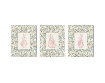 Peter Rabbit Pink Collage Print Set of 3, Nursery Art, Nursery Decor, Girls Room, Boys Room, Grandmillennial Nursery, William Morris Art