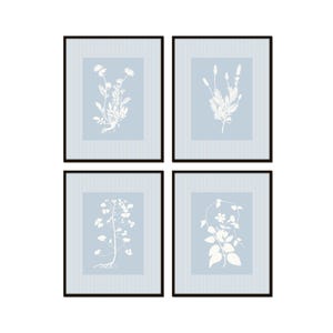 Blue Striped White Floral Print Set, Blue and White Art Decor, Wall Art, Botanical Print Set, Grandmillennial Art, Coastal Art Decor
