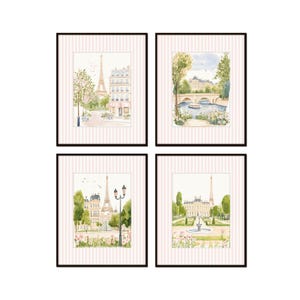 Pink Striped Paris Print Set No. 2, French Cottage Decor, French Travel Prints, Paris Nursery Art, French Chateau Art, Nursery Art Decor