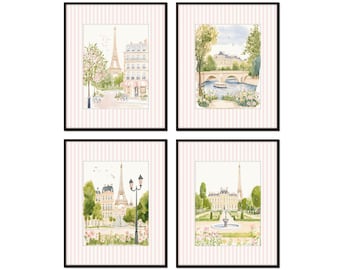 May include: Set of four watercolor prints featuring Parisian scenes. Each print depicts a different view of the Eiffel Tower, a bridge, and a building with a fountain. The prints are framed in black frames with a pink and white striped background.