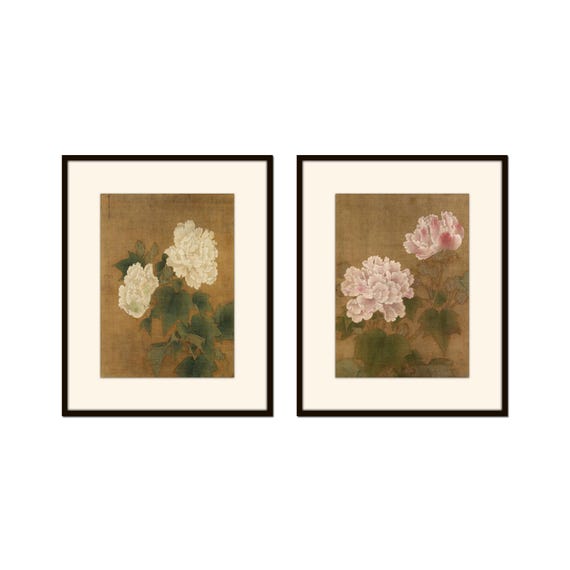 Chinoiserie Peony Print Set, Antique Textile Prints, Botanical Art, Asian Flower Art, Home Decor, Wall Art, Vintage Art