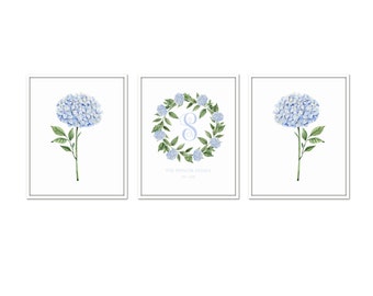 Blue Hydrangea Print Set, Monogram Print, New Home Gift, Decor, Art Prints, Personalized Art, Gift, Nursery Decor, Grandmillennial Decor