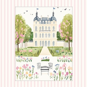May include: A watercolor illustration of a white building with a gray roof and many windows. The building is surrounded by green trees and bushes with pink flowers. There are two benches in front of the building.