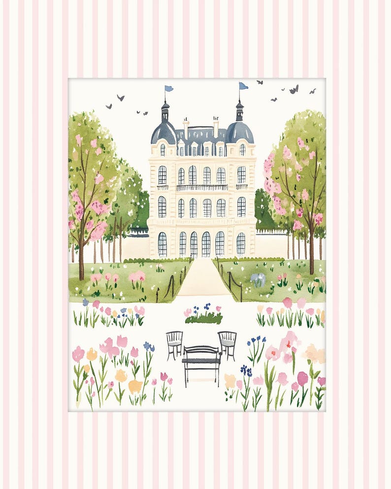 May include: A watercolor illustration of a white building with a gray roof and many windows. The building is surrounded by green trees and bushes with pink flowers. There are two benches in front of the building.