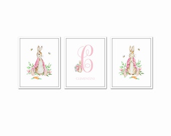 Custom Monogram Peter Rabbit Nursery Prints, Custom Baby Gift, Nursery Decor, Girl Peter Rabbit Art, Nursery Art, Peter Rabbit Art