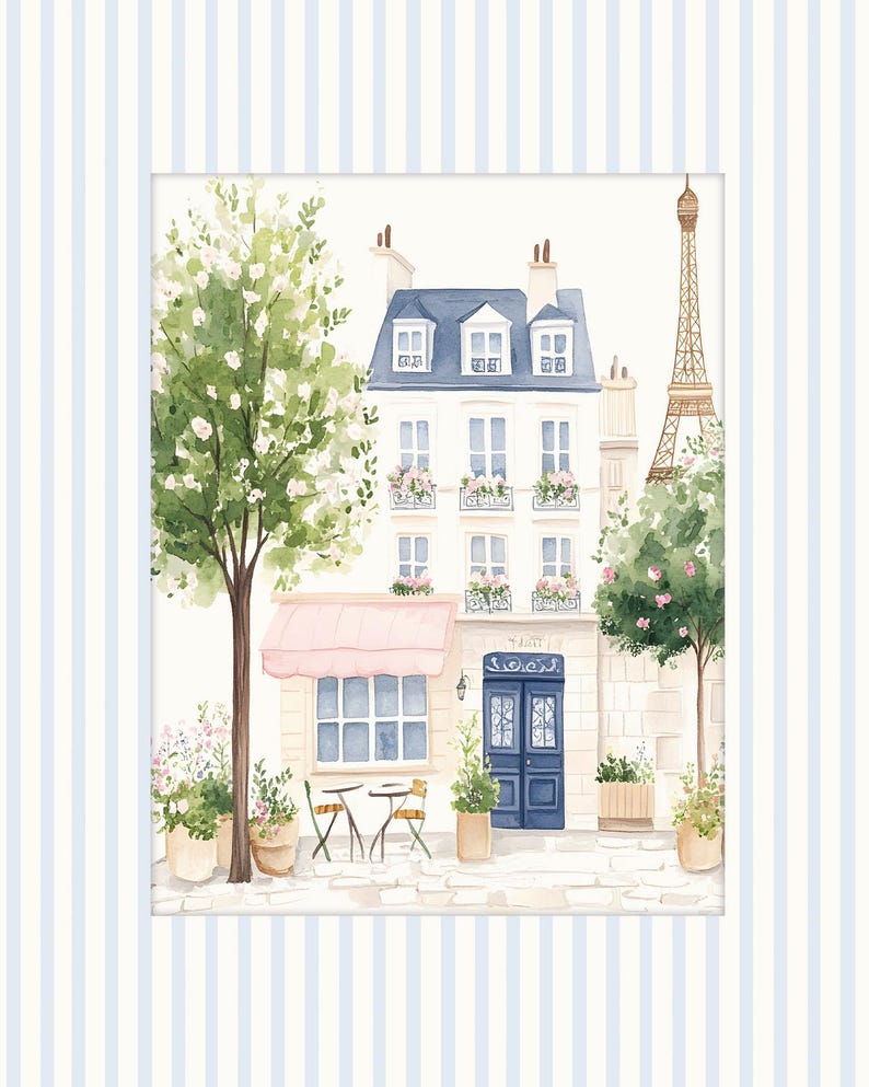 May include: A watercolor painting of a Parisian street scene with a cafe, a building, and the Eiffel Tower in the background. The cafe has a pink awning and a table with two chairs. There are trees and flowers in the scene.