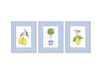 Watercolor Lemon Topiary Print Set, Chinoiserie Decor, Kitchen Art, Lemon Prints, Grandmillennial, Blue and White Art Decor, Coastal Decor