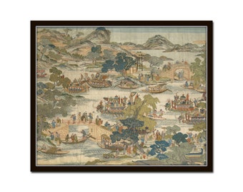 Chinoiserie Dragon Boat Print, Vintage Textile Art, Chinoiserie Art Print, Asian Art