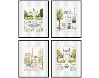 Blue Striped Paris Print Set No. 3, French Cottage Decor, Paris Travel Prints, Paris Nursery Art, French Chateau Art, Grandmillennial Art