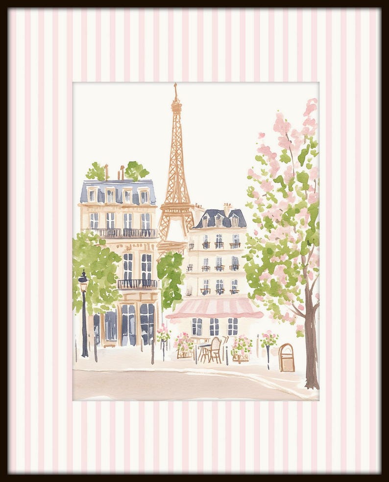 May include: A watercolor painting of a Parisian street scene with the Eiffel Tower in the background. The painting features a cafe with pink awnings, a tree with pink blossoms, and a building with a balcony.