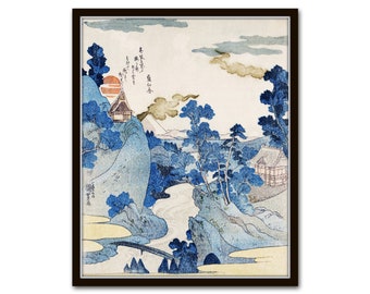 Vintage Chinoiserie Woodblock Print View of Fuji, Woodblock Art Print, Chinoiserie Art