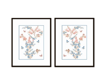 Watercolor Chinoiserie Collage Print Set No. 16,  French Blue, Pink, Bird Prints, Botanical Prints, Bird Prints, Chinoiserie, Art Prints