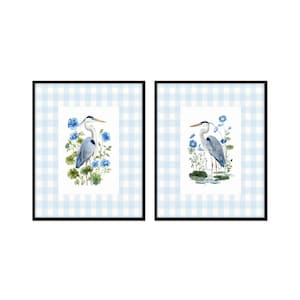 Blue Herons with Botanicals and Blue Gingham Border Print Set, Heron Art Prints, Coastal Art Decor, Chinoiserie Art, Gingham Art, Sea Birds