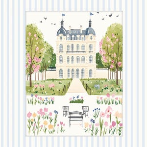 May include: A watercolor illustration of a white building with a gray roof and a path leading to the front door. The building is surrounded by green grass and trees with pink flowers. There are two benches in front of the building.