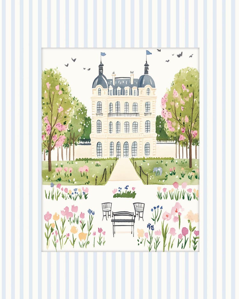 May include: A watercolor illustration of a white building with a gray roof and a path leading to the front door. The building is surrounded by green grass and trees with pink flowers. There are two benches in front of the building.