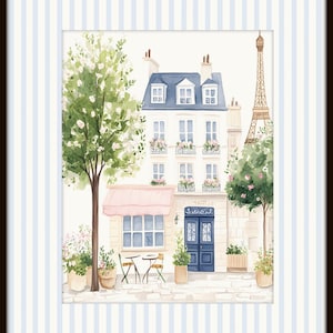 May include: A watercolor painting of a Parisian street scene with a cafe, a building, and the Eiffel Tower in the background. The cafe has a pink awning and a blue door. There are trees and flowers in the scene.