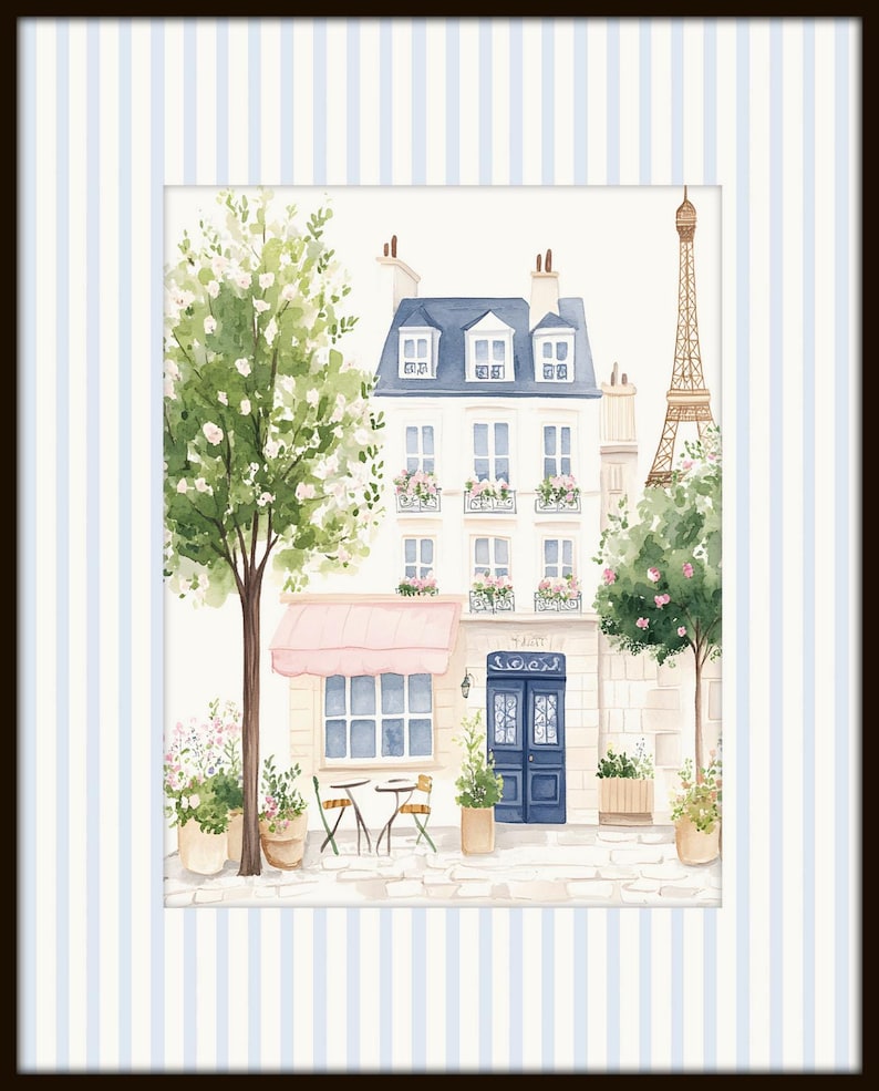 May include: A watercolor painting of a Parisian street scene with a cafe, a building, and the Eiffel Tower in the background. The cafe has a pink awning and a blue door. There are trees and flowers in the scene.