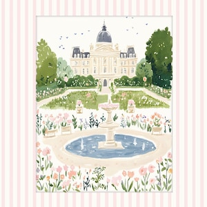 May include: A watercolor illustration of a white building with a dome roof surrounded by a garden with a fountain in the center. The garden is filled with pink and white flowers and green bushes. There are blue birds flying in the sky above the building.