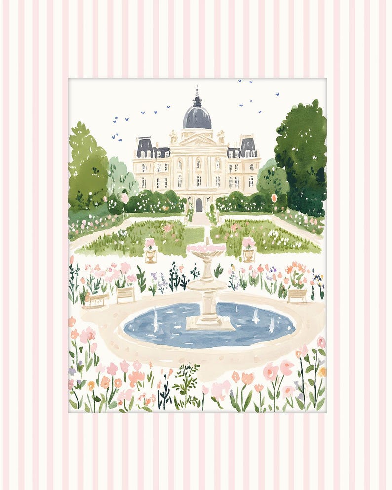 May include: A watercolor illustration of a white building with a dome roof surrounded by a garden with a fountain in the center. The garden is filled with pink and white flowers and green bushes. There are blue birds flying in the sky above the building.