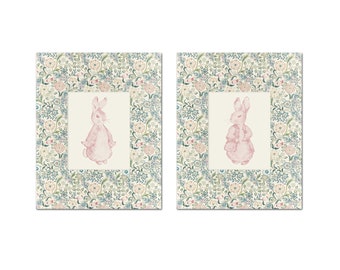 Peter Rabbit Pink Collage Print Set, Botanical Prints, Chinoiserie Art, Nursery Art Prints, Nursery Decor, Girls Room Art, William Morris