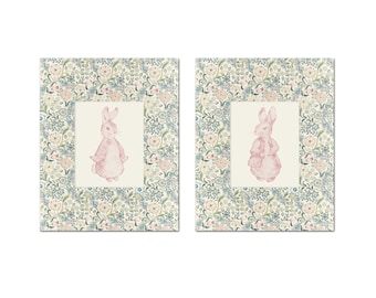 Peter Rabbit Pink Collage Print Set, Botanical Prints, Chinoiserie Art, Nursery Art Prints, Nursery Decor, Girls Room Art, William Morris