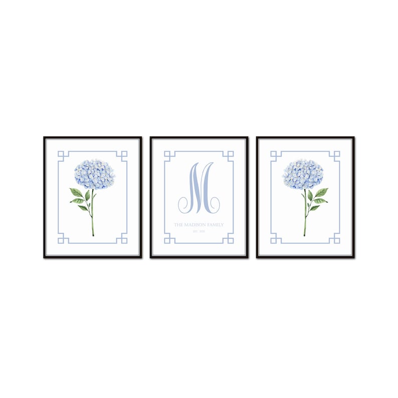Personalized Chinoiserie Blue Hydrangea Print Set No. 2, Art Prints ...