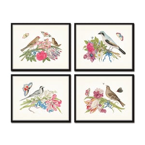 Birds and Blooms Print Set No. 1, Bird and Botanical Print Set, Botanical Prints, Vintage Bird Prints, Chinoiserie Art