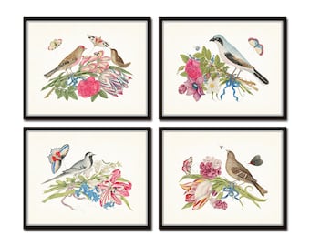 Birds and Blooms Print Set No. 1, Bird and Botanical Print Set, Botanical Prints, Vintage Bird Prints, Chinoiserie Art