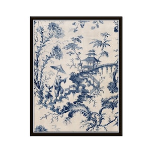 Vintage Chinoiserie Indigo Blue Textile Print, Art Print, Chinoiserie Art, Asian Art, Vintage Art, Wall Decor