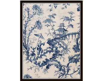 Vintage Chinoiserie Indigo Blue Textile Print, Art Print, Chinoiserie Art, Asian Art, Vintage Art, Wall Decor