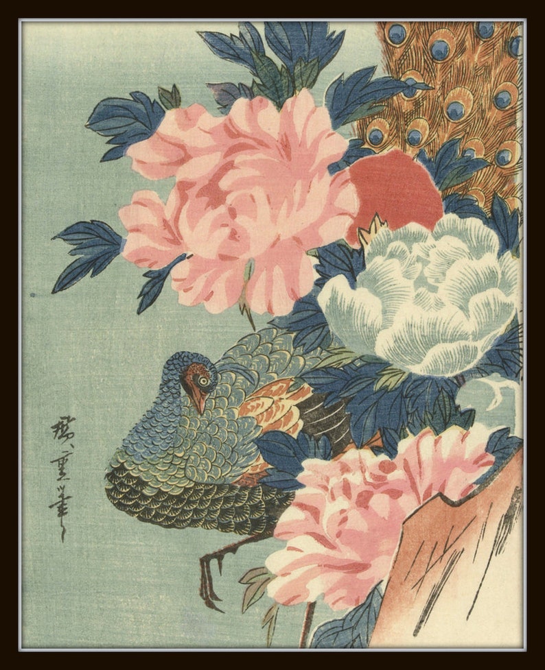 Op de afbeelding: Een Japanse houtsnede met een pauw met zijn staartveren uitgespreid, omringd door roze en witte pioenen. De print is gesigneerd in Japanse karakters.