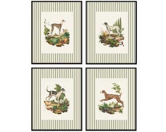 Vintage French Dogs with Green Stripe Border, Set of 4 Giclee Prints