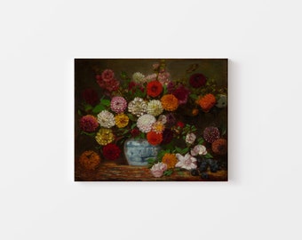 Gallery Wrapped Canvas Vintage Dahlias in a Porcelain Vase Still Life, Chinoiserie Art, Asian Art, Vintage Painting, Grandmillennial Art