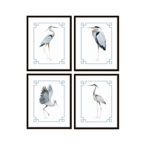 Watercolor Heron Chinoiserie Print Set No. 1, Heron Prints, Coastal Art Prints, Bird Print Sets