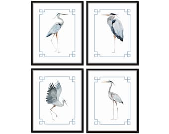 Watercolor Heron Chinoiserie Print Set No. 1, Heron Prints, Coastal Art Prints, Bird Print Sets