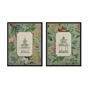 Chinoiserie Pagoda Print Set, Olive Green Botanical Print Set, Botanical Prints, Chinoiserie Art, Collage Art