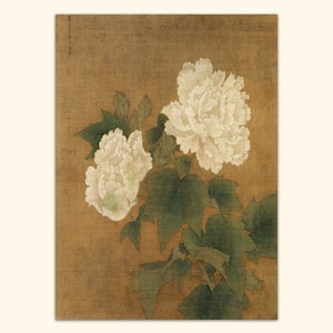 May include: A painting of two white flowers with green leaves on a brown background.