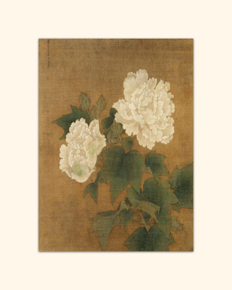 May include: A painting of two white flowers with green leaves on a brown background.