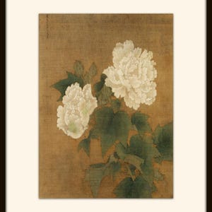 May include: A painting of white flowers with green leaves on a brown background.