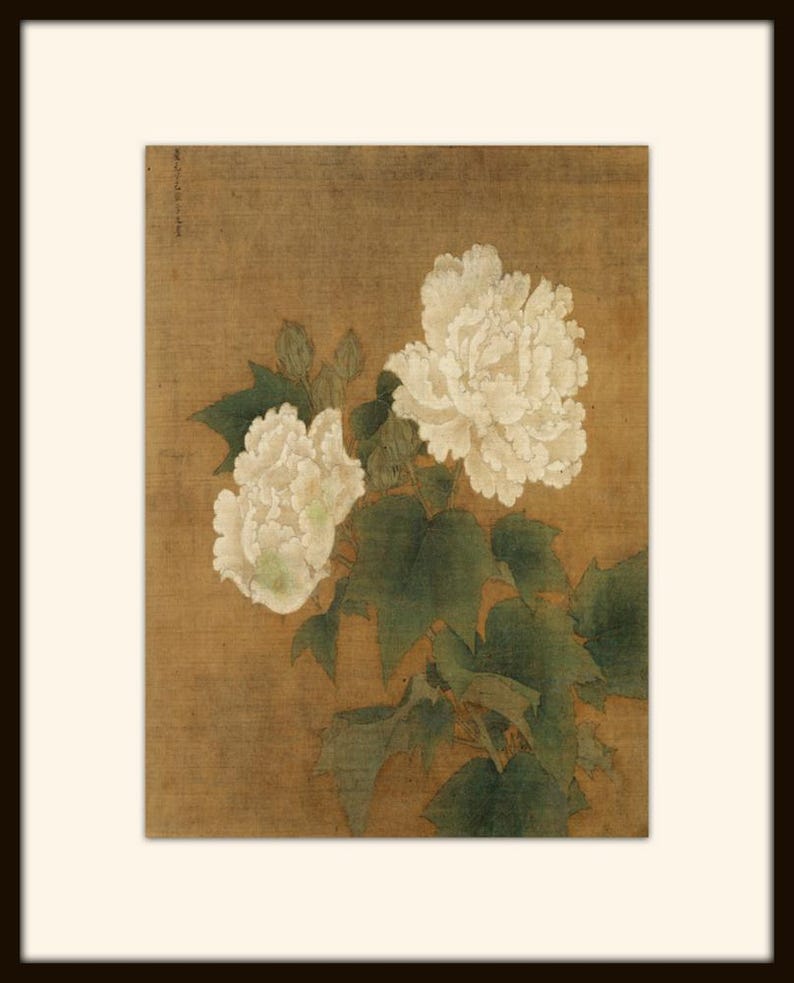 May include: A painting of white flowers with green leaves on a brown background.