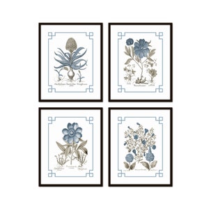 Chinoiserie Blue and Sepia Vintage Botanical Print Set No. 2, Flower Prints, Botanical Art, Art Prints, Wall Art, Home Decor, Chinoiserie