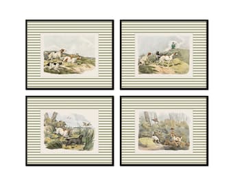Vintage Hunting Prints with Green Striped Border, Vintage Dog Prints, Wall Art, Grandmillennial Art, Hunting Art, Bird Hunting Art, Giclee