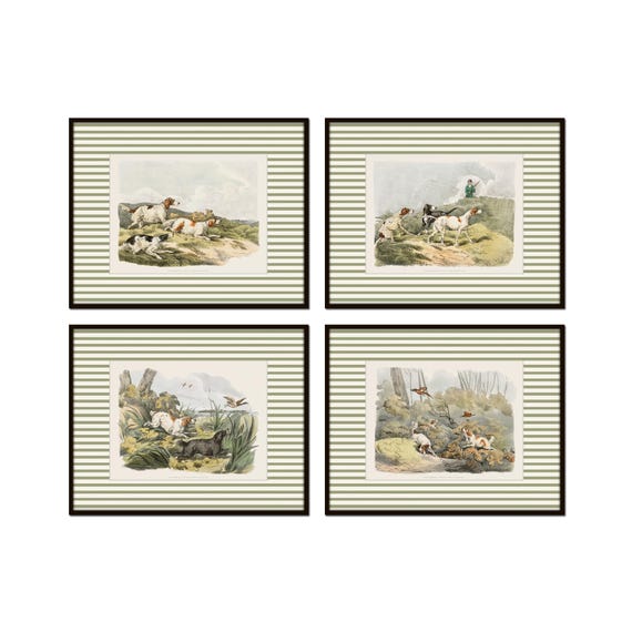 Vintage Hunting Prints with Green Striped Border, Vintage Dog Prints, Wall Art, Grandmillennial Art, Hunting Art, Bird Hunting Art, Giclee
