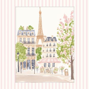 May include: A watercolor painting of a Parisian street scene with the Eiffel Tower in the background. The painting features a cafe with a pink awning, a street lamp, and a tree with pink blossoms.