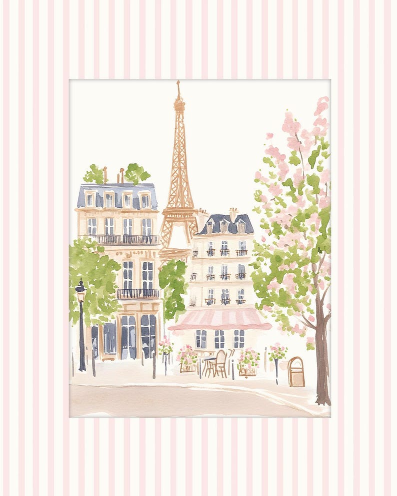 May include: A watercolor painting of a Parisian street scene with the Eiffel Tower in the background. The painting features a cafe with a pink awning, a street lamp, and a tree with pink blossoms.