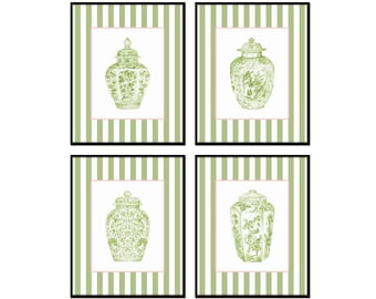 Chinoiserie Ginger Jars with Green Striped Border, Chinoiserie Art Decor, Coastal Home Art Decor, Palm Beach Art, Beach House Art,