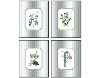 May include: Set of four framed prints with blue and green floral illustrations on a light blue and white striped background.