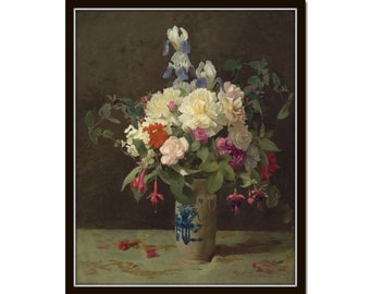 Vintage Still Life Painting Flowers in a Porcelain Vase, Vintage Painting, Botanical Art Print, Chinoiserie Art