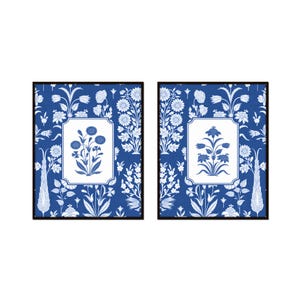 French Blue Botanical Block Print Set, Coastal Home Decor, Chinoiserie Home Decor, Blue and White Art , Giclee Wall Art, Botanical Prints