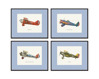 Vintage Airplane Art Prints with Blue Gingham Border, Nursery Art, Boys Room Art, Aircraft Art Prints, Office Art, Gift for Him